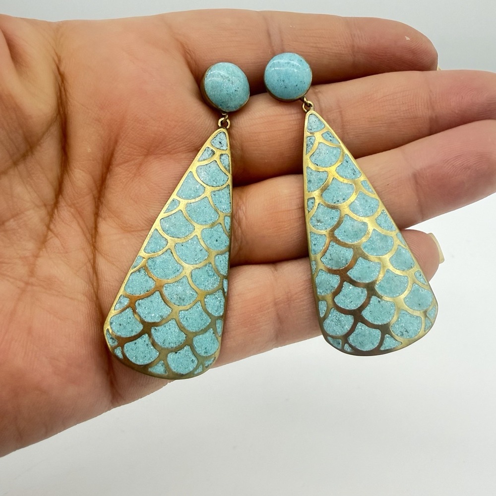 Fish Scale Dangle Earrings Womens Turquoise Color Gold Tone Good Enamel Large